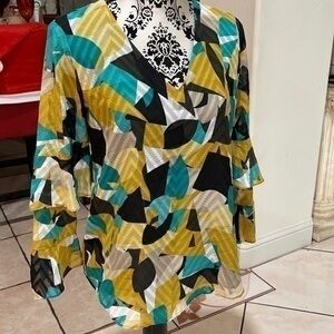 CALVIN KLEIN Womens Yellow Textured Sleeve Flutter V Neck Top Size: XSmall